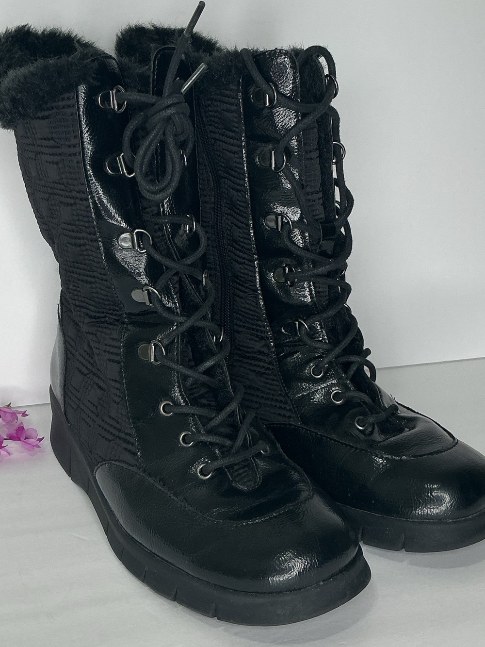 A2 by Aerosoles Black Lace-Up Faux Fur Trim Winter Boots size 9.5 women’s - Picture 2 of 8